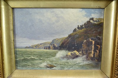Lot 1435 - Thomas Larbalestier (1861 - 1930) oil on canvas - A Rocky Coastal scene, Jersey, signed, 12cm x 17cm, in gilt frame