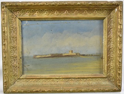 Lot 1436 - Thomas Larbalestier (1861 - 1930) oil on board - A coastal scene off the Channel Islands, signed, 11cm x 15cm in gilt frame