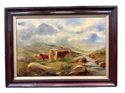 Lot 1387 - Norman Bradley (Exhibited 1880-1920) oil on canvas - A mountainous scene with cattle by a stream, signed and dated 1904, 51cm x 76cm, in painted frame.