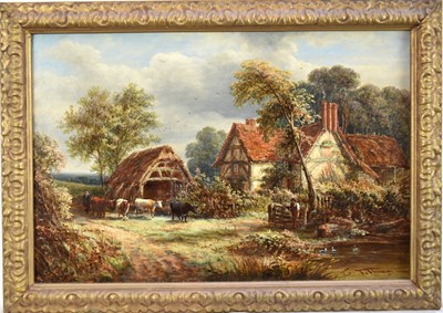 Lot 1439 - Thomas Thomas (Act. 1854 - 1896) oil on canvas - A landscape with a rustic figure and cattle by a duck pond and a farmhouse beyond, signed, 30cm x 44cm, in gilt frame