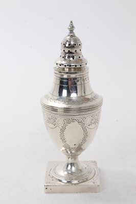 Lot 533 - George III silver caster with bright cut engraved decoration and pierced slip in cover