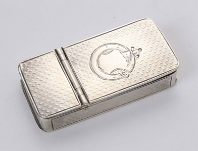 Lot 542 - Victorian silver snuff/tobacco box of rectangular form, with engine turned decoration, and twin hinged covers one opening to reveal a match striker, (Birmingham 1860), maker J. S, 5.1cm in length...