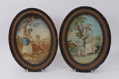 Lot 1123 - Pair of Regency silk embroidered pictures, each of oval form depicting rural pursuits, in glazed frames, 30 x 23cm