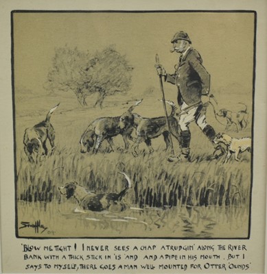 Lot 1290 - *Snaffles, Charles Johnson Payne (1884-1967) printed Christmas card - Otter Hounds, 'Blow me Tight! I never sees a chap atrudgin' along the river...', 14.5cm x 14cm, in glazed frame