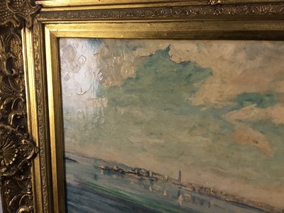 Lot 117 - After Sir Winston Churchill, coloured print on canvas - 'A Distant View of Venice', 40cm x 50cm in gilt frame