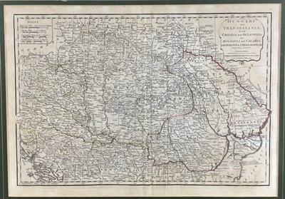 Lot 101 - Late 18th century engraved map of Hungary and Transylvania by Samuel Dunn, published by Laurie & Whittle, 32cm x 46cm, in glazed frame