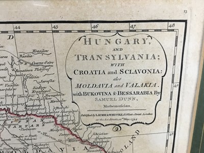 Lot 101 - Late 18th century engraved map of Hungary and Transylvania by Samuel Dunn, published by Laurie & Whittle, 32cm x 46cm, in glazed frame