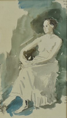 Lot 1528 - *John Stanton Ward (1917-2007) ink and watercolour - Seated Lady, a presentation inscription beneath the mount (a copy verso) to Humphrey Brooke, Secretary of the Royal Academy, also attached verso...