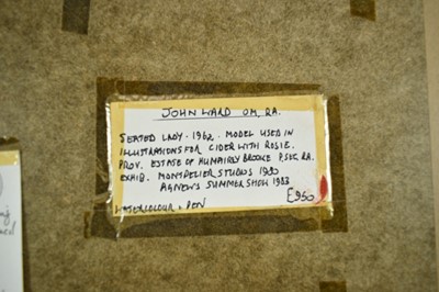 Lot 1528 - *John Stanton Ward (1917-2007) ink and watercolour - Seated Lady, a presentation inscription beneath the mount (a copy verso) to Humphrey Brooke, Secretary of the Royal Academy, also attached verso...