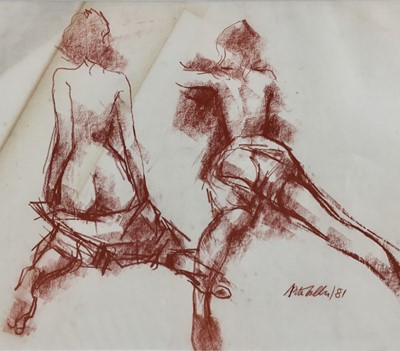 Lot 89 - Peter Collins (1923-2001) red crayon sketches - female nude, signed and dated '81, 35cm x 40cm, in glazed gilt frame