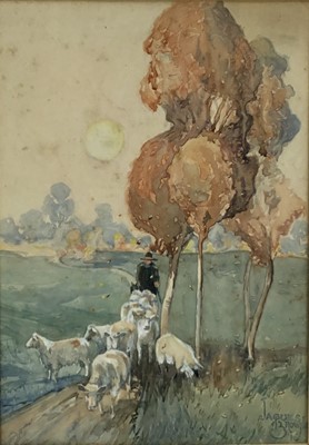 Lot 91 - Jaques Browne, early 20th century watercolour - Shepherd and Flock in a Lane, signed and dated '16, in glazed gilt frame