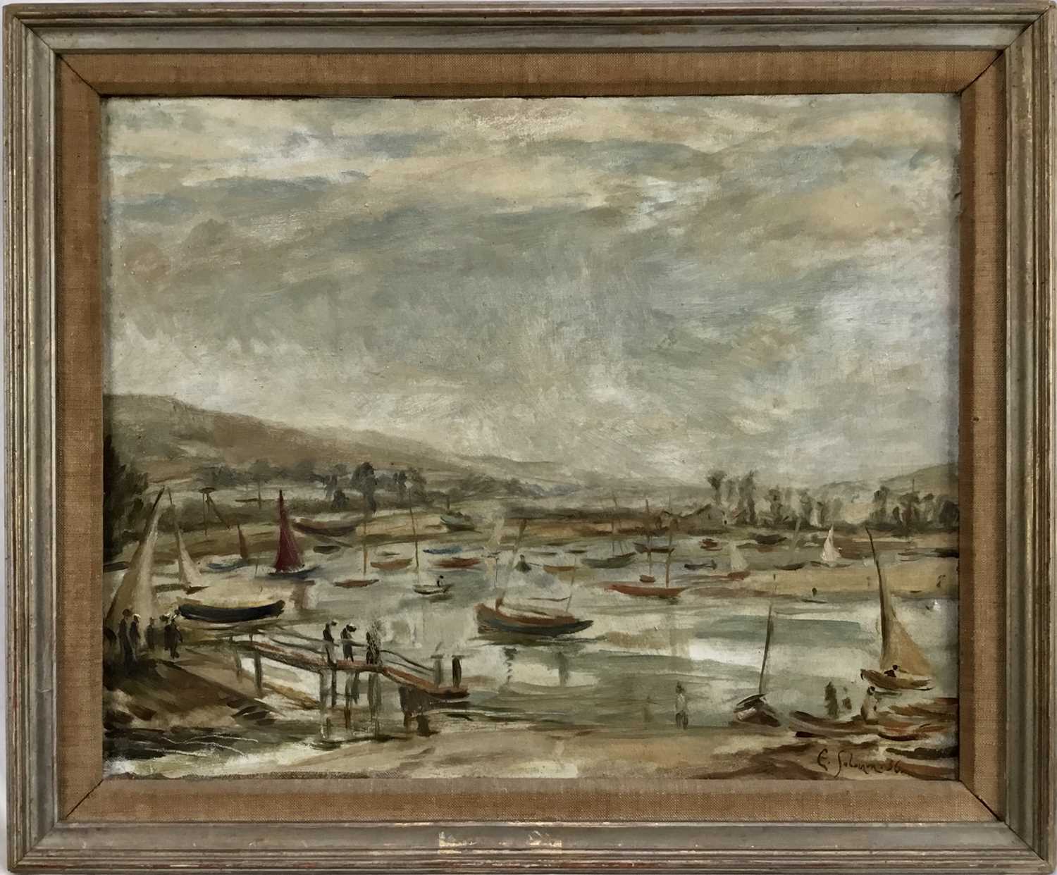 Lot 84 - E. Solomon, 1930s oil on canvas - Boats on the Estuary, signed and dated '36, 40cm x 50cm, framed