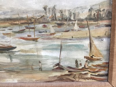 Lot 84 - E. Solomon, 1930s oil on canvas - Boats on the Estuary, signed and dated '36, 40cm x 50cm, framed