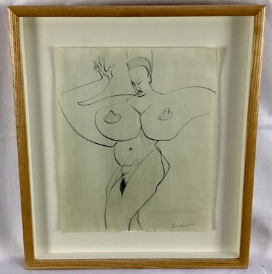 Lot 93 - Henri Kirchner, pen and ink drawing, female nude, first half 20th century, signed, 25cm x 20cm, in glazed frame
