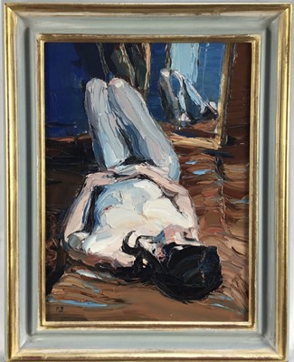 Lot 97 - English School, contemporary, oil on canvas - Reclining Female Nude, signed with initials P.B., in gilt and painted frame