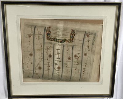 Lot 102 - Antique hand coloured engraved road map - The Road from London to Carlisle by John Ogilby, 37cm x 46cm in glazed frame