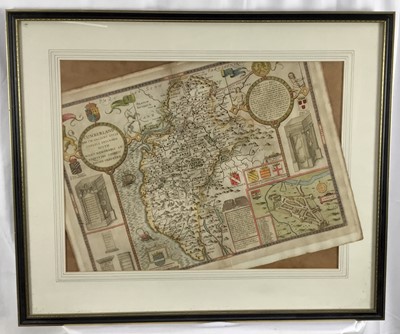 Lot 103 - John Speede hand coloured engraved map of Cumberland, 41cm x 53cm in glazed frame