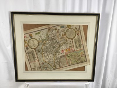 Lot 103 - John Speede hand coloured engraved map of Cumberland, 41cm x 53cm in glazed frame
