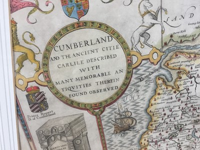 Lot 103 - John Speede hand coloured engraved map of Cumberland, 41cm x 53cm in glazed frame