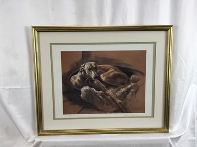 Lot 76 - Mick Cawston signed limited edition print of a greyhound, 77/500, together with two hunting prints, each in glazed frame