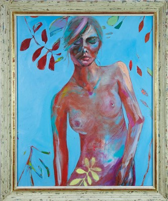 Lot 1416 - Kate Lowe, contemporary, oil on canvas - Female Nude on Blue, 101cm x 81cm, in gilt and painted frame