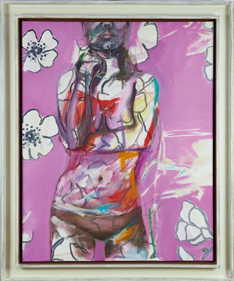 Lot 1417 - Kate Lowe, contemporary, oil on canvas - Female Nude on Pink, initialled, 100cm x 80cm, in painted frame