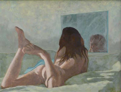 Lot 1419 - English School, late 20th century, oil on canvas - Reclining Female Nude, initialled H.W.R., dated '92, 46cm x 61cm, in painted frame