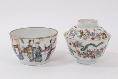 Lot 309 - A Chinese famille rose porcelain bowl and cover, probably Guangxu period, decorated with a procession, seal marks to both parts, 10.5cm diameter, together with a similar bowl decorated with figures...