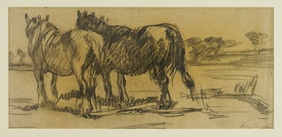 Lot 1097 - Harry Becker (1865-1928) pencil drawing - Heavy Horses, signed, 22cm x 47cm, in glazed frame