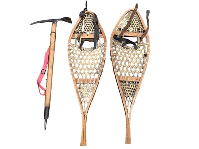 Lot 2479 - Antique ice axe and snow shoes