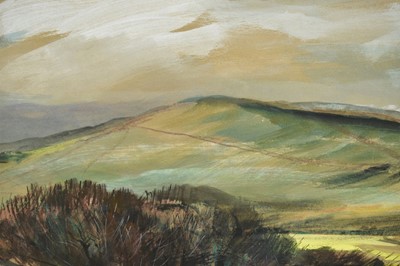Lot 1420 - *Rowland Suddaby (1912-1972) watercolour - Downland Landscape, signed, 37cm x 64cm, in glazed frame 
Provenance: Adam Gallery, Bath