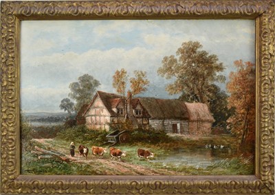 Lot 1438 - Thomas Thomas (Act. 1854 - 1896) oil on canvas - Cattle by a Thatched Barn near a duck pond, a farmhouse beyond, signed, 30cm x 44cm, in gilt frame