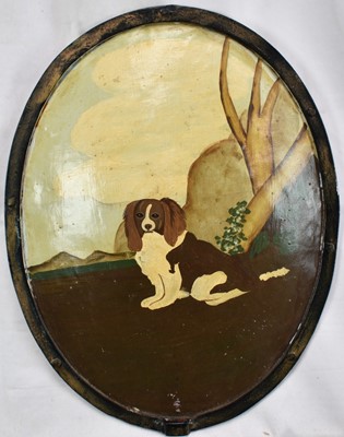 Lot 1388 - Continental School 19th Century - Naive oval oil on bowed iron of a dog by a tree, 33cm x 25cm