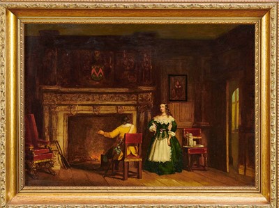 Lot 1389 - Attributed to George Cattermole 1800 - 1868 A 17th century interior scene with an elegant couple by a large fireplace, oil on canvas, in gilt frame. 42 x 30cm