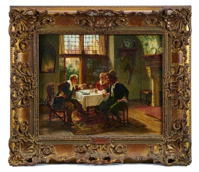 Lot 1390 - Albert Friedrich Schroeder 1854 - 1939 
A 17th century interior scene with figures smoking 
and drinking at a table by a window, oil on board, signed 
in an original ornate gilt frame.  330 x 36cm