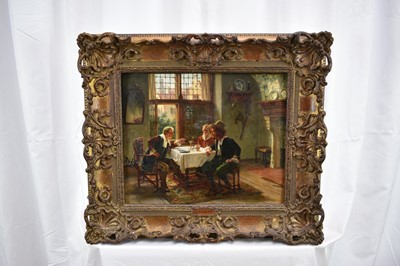 Lot 1390 - Albert Friedrich Schroeder 1854 - 1939 
A 17th century interior scene with figures smoking 
and drinking at a table by a window, oil on board, signed 
in an original ornate gilt frame.  330 x 36cm