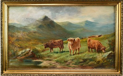 Lot 1391 - John Macpherson Act. 1858 - 1891 
A mountainous landscape with highland cattle by a 
pool, oil on canvas, signed, in gilt frame. 30 x 51cm