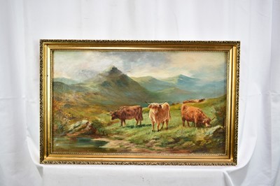 Lot 1391 - John Macpherson Act. 1858 - 1891 
A mountainous landscape with highland cattle by a 
pool, oil on canvas, signed, in gilt frame. 30 x 51cm