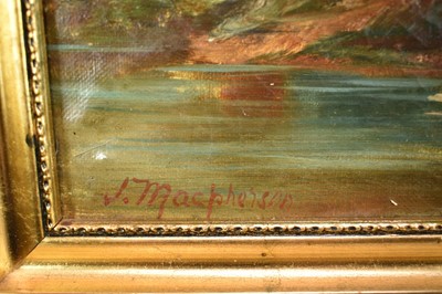 Lot 1391 - John Macpherson Act. 1858 - 1891 
A mountainous landscape with highland cattle by a 
pool, oil on canvas, signed, in gilt frame. 30 x 51cm