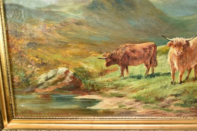 Lot 1391 - John Macpherson Act. 1858 - 1891 
A mountainous landscape with highland cattle by a 
pool, oil on canvas, signed, in gilt frame. 30 x 51cm