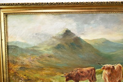 Lot 1391 - John Macpherson Act. 1858 - 1891 
A mountainous landscape with highland cattle by a 
pool, oil on canvas, signed, in gilt frame. 30 x 51cm