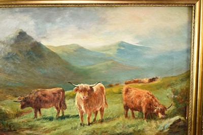 Lot 1391 - John Macpherson Act. 1858 - 1891 
A mountainous landscape with highland cattle by a 
pool, oil on canvas, signed, in gilt frame. 30 x 51cm