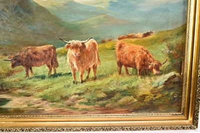 Lot 1391 - John Macpherson Act. 1858 - 1891 
A mountainous landscape with highland cattle by a 
pool, oil on canvas, signed, in gilt frame. 30 x 51cm
