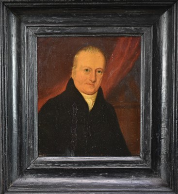 Lot 1392 - English School circa 1800 A half length portrait of a gentleman, oil on panel, in painted frame. 26 x 22cm