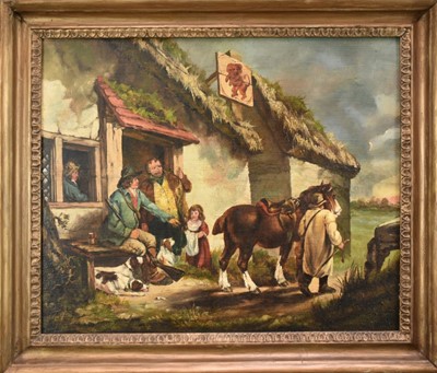 Lot 1393 - English School circa 1810 rustic figures and their horse and dog outside the Red Lion, oil on panel, in gilt frame. 40 x 49cm