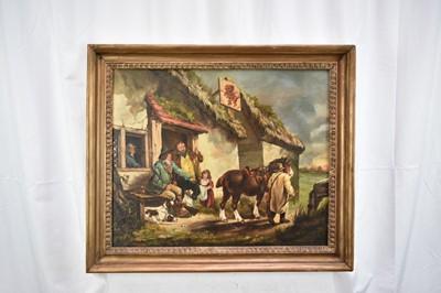 Lot 1393 - English School circa 1810 rustic figures and their horse and dog outside the Red Lion, oil on panel, in gilt frame. 40 x 49cm