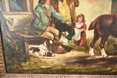 Lot 1393 - English School circa 1810 rustic figures and their horse and dog outside the Red Lion, oil on panel, in gilt frame. 40 x 49cm