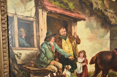 Lot 1393 - English School circa 1810 rustic figures and their horse and dog outside the Red Lion, oil on panel, in gilt frame. 40 x 49cm