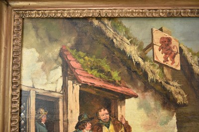 Lot 1393 - English School circa 1810 rustic figures and their horse and dog outside the Red Lion, oil on panel, in gilt frame. 40 x 49cm