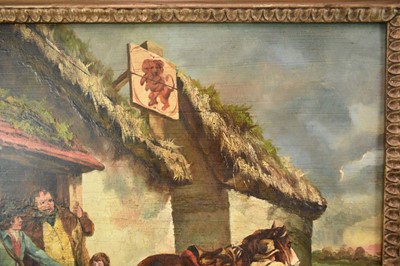 Lot 1393 - English School circa 1810 rustic figures and their horse and dog outside the Red Lion, oil on panel, in gilt frame. 40 x 49cm